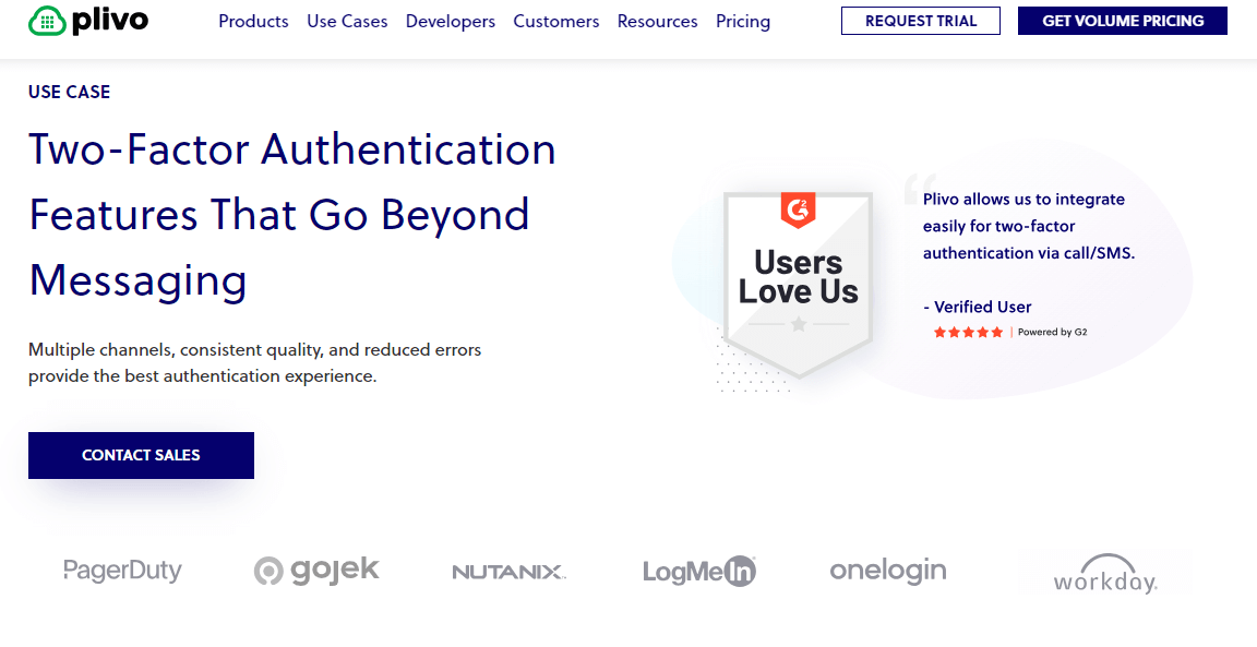 Image displaying Plivo’s 2FA features page Key features