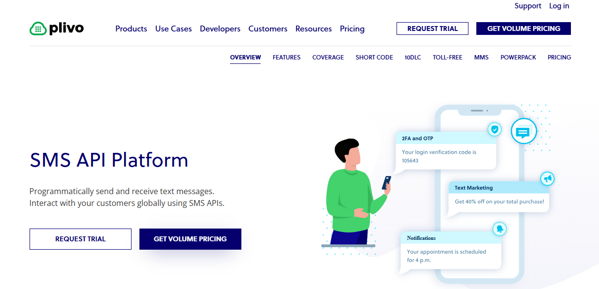 Image displaying Plivo’s SMS API service page