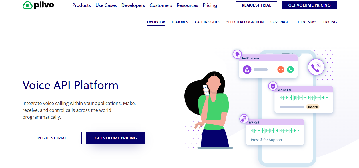 Image displaying Plivo’s Voice API service page