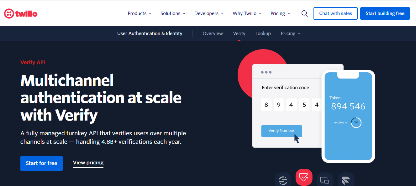Screenshot of Twilio’s Verify API on its website prompting users to start for free or view pricing