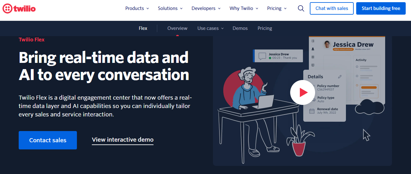 Screenshot of Twilio Flex on its website prompting users to contact sales or view an interactive demo