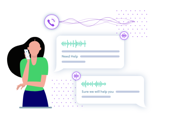 Woman on phone with speech-to-text conversion visualizations