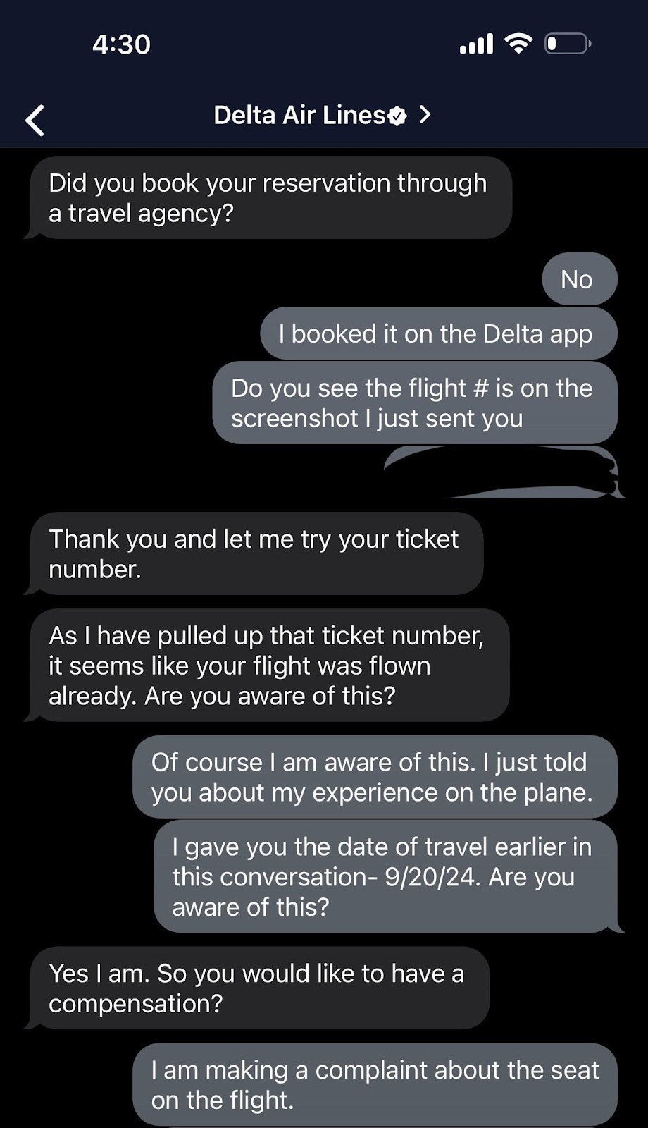 Delta Airlines chatbot screenshot