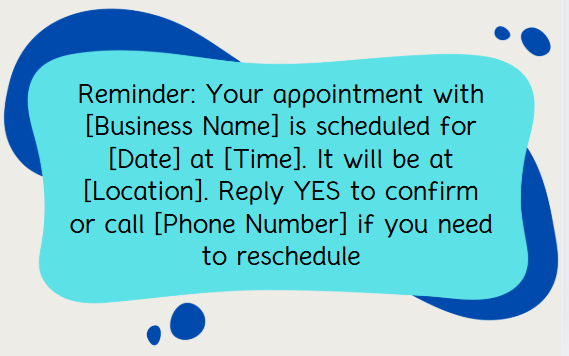 Image showing an SMS reminder template message with appointment details, including time and location.