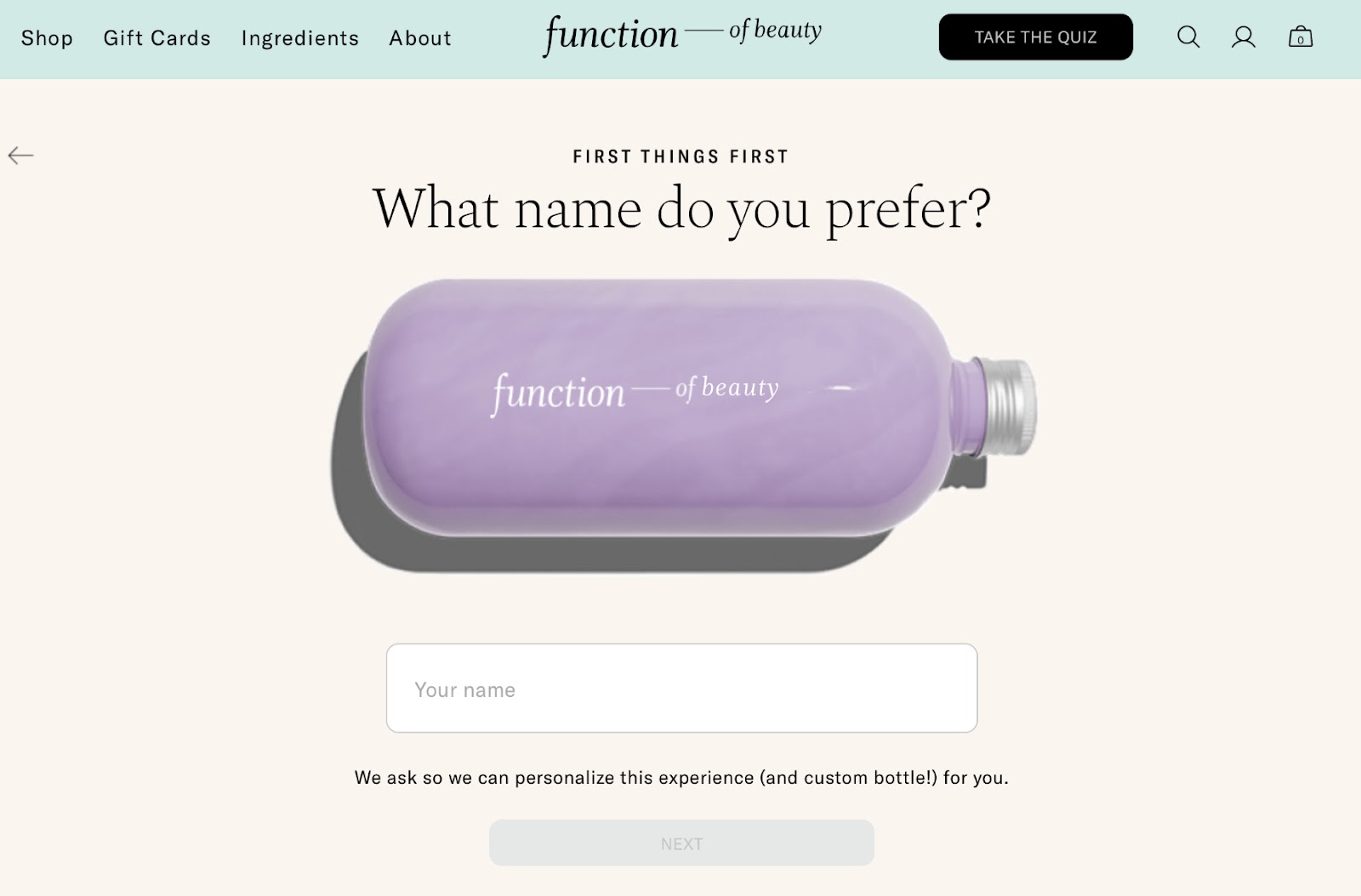 Function of Beauty’s customization homepage
