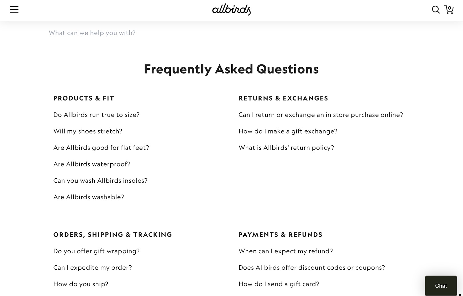 Allbirds’s FAQ page