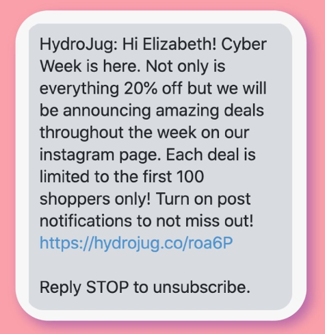 Image showing a personalized SMS message addressing the recipient by name.