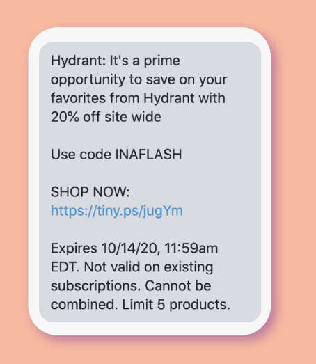 Image showing an SMS message offering an exclusive discount with a limited-time offer.