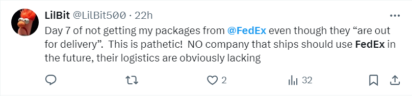 Tweet expressing frustration with FedEx for delayed package delivery despite being marked as "out for delivery."