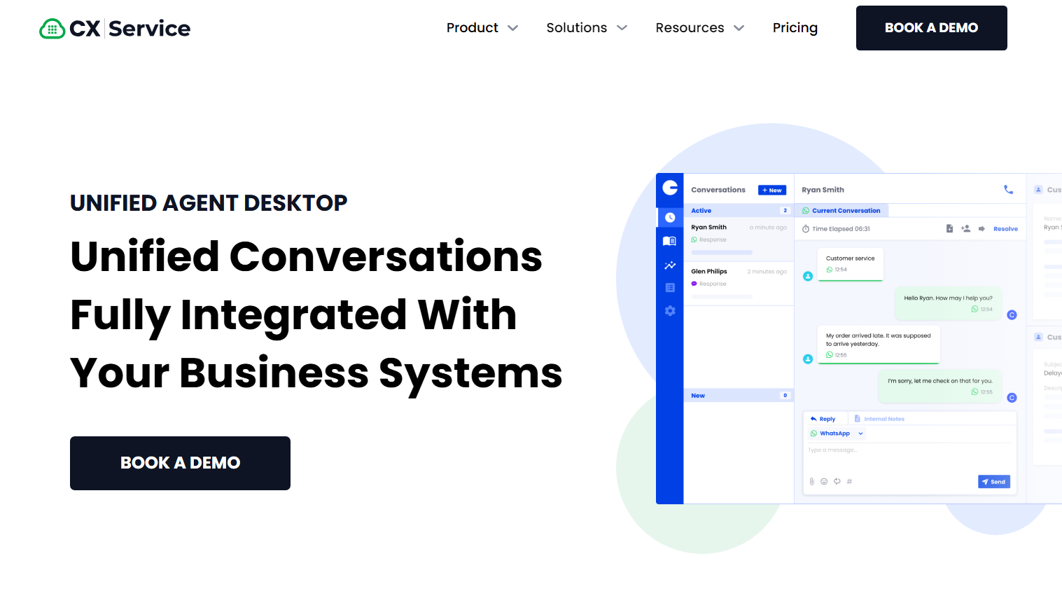 Unified agent desktop interface showing a chat system integrated with business systems.