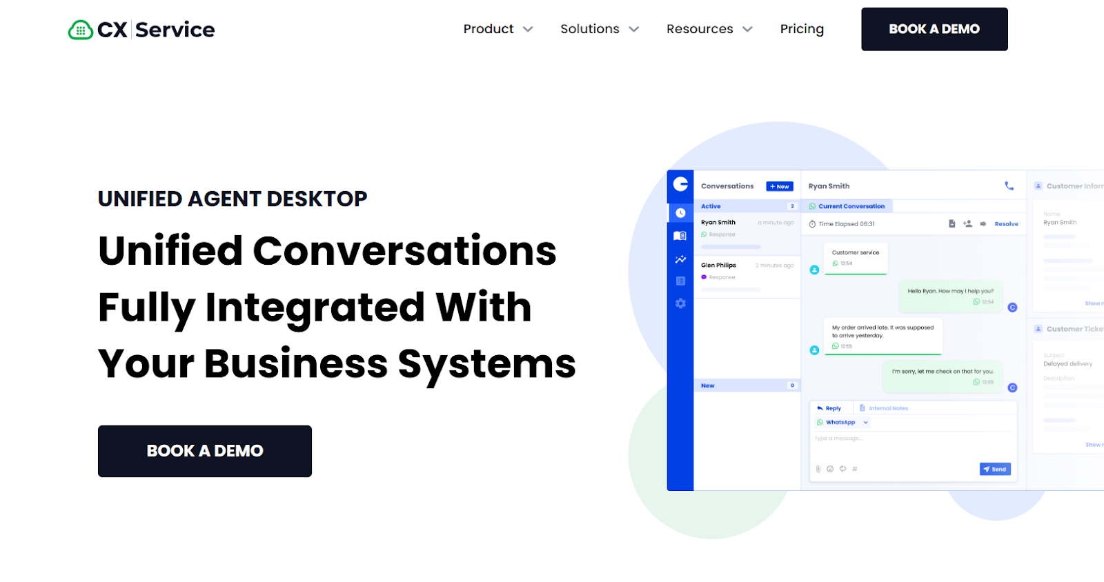 A unified agent desktop interface showing a chat system integrated with business systems.