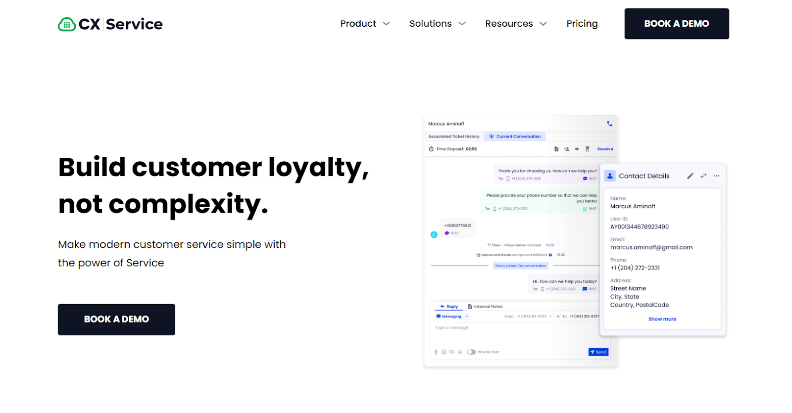 Customer service dashboard displaying a demo of chat history and contact details with Plivo CX.