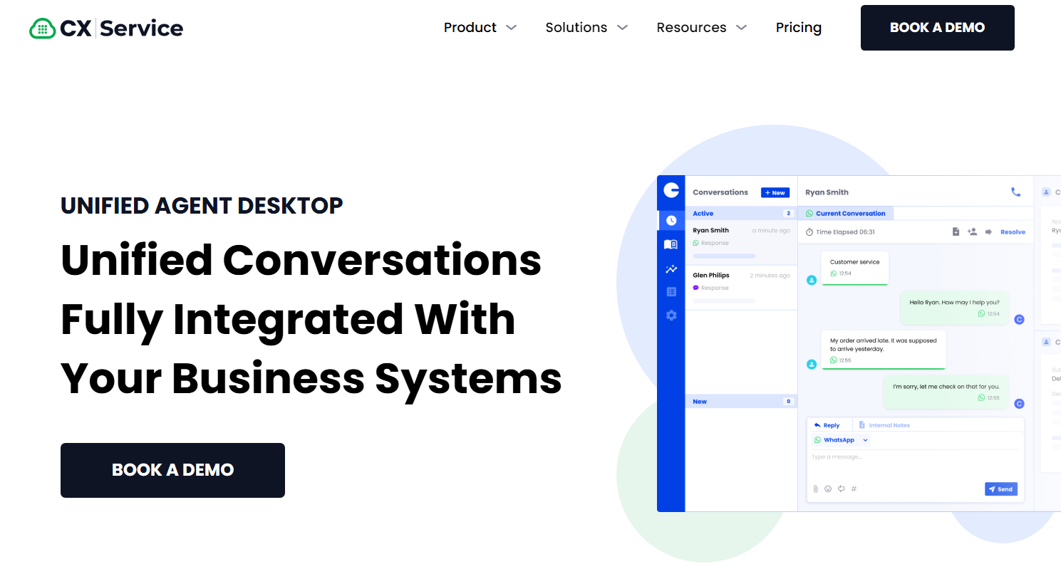 A unified agent desktop interface showing a chat system integrated with business systems.