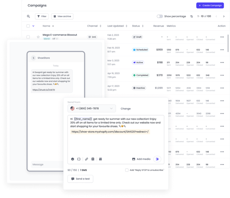User interface of Plivo CX showing the SMS Campaigns feature