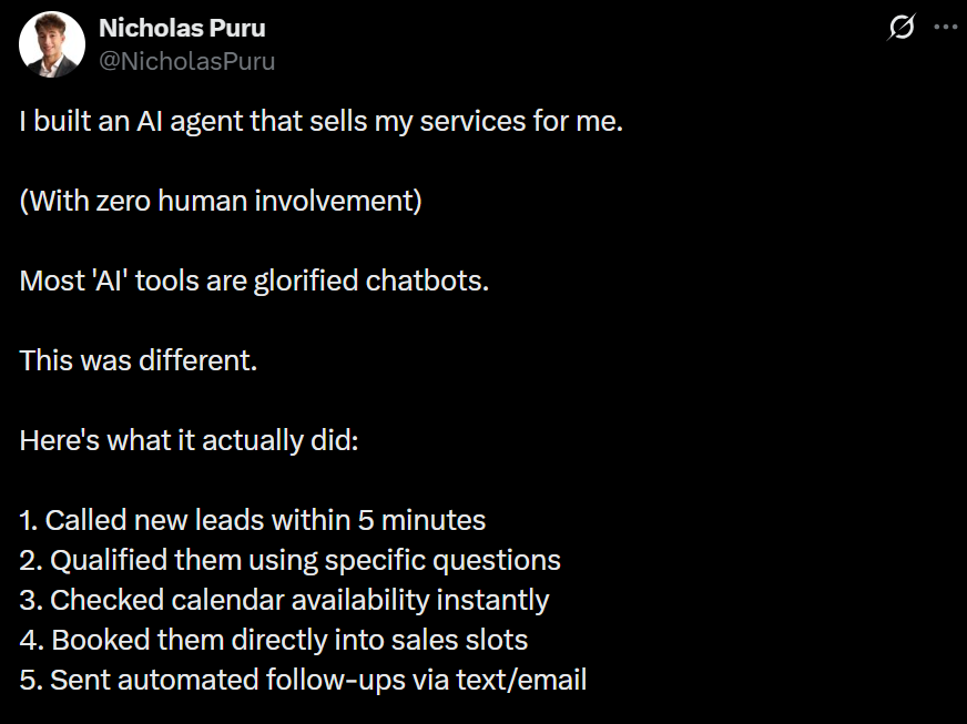 Screenshot of an X post describing an AI agent that handles sales processes