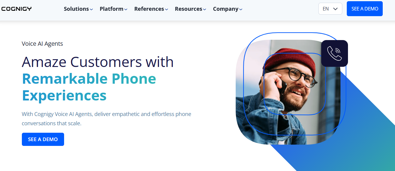 Cognigy homepage highlighting Voice AI Agents for improving phone conversations