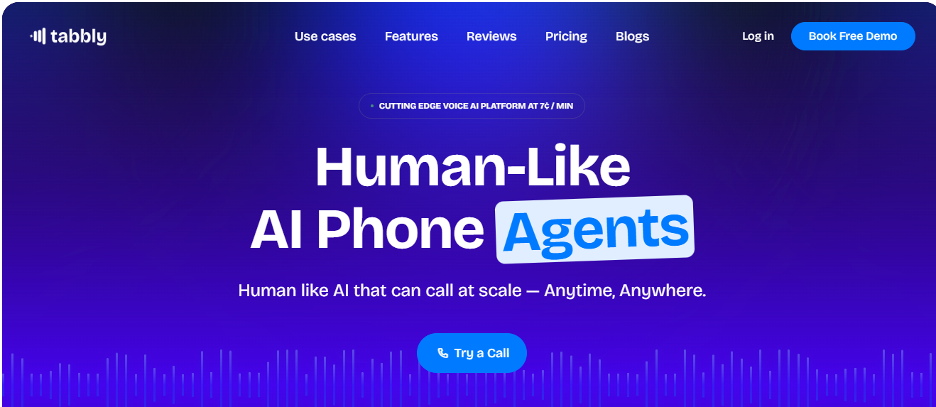 Tabbly homepage showcasing its human-like AI phone agents with voice calling capabilities