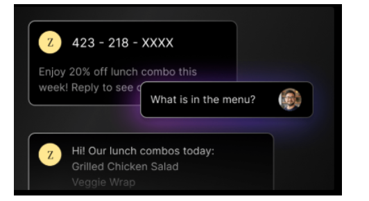 AI SMS chatbot offering lunch discount and answering menu questions