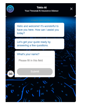 Insurance chatbot Tokio collecting information for personalized quotes