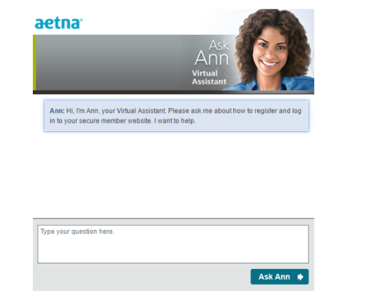 Insurance chatbot Ann helping with member login on the Aetna website