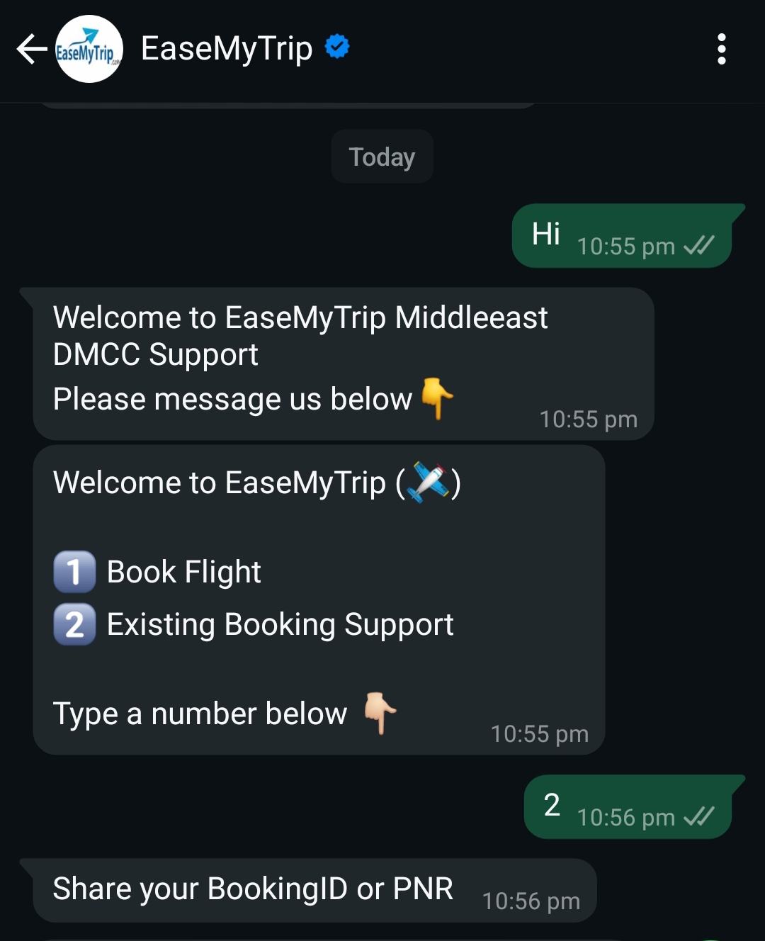 Example of EaseMyTrip’s WhatsApp chatbot responses