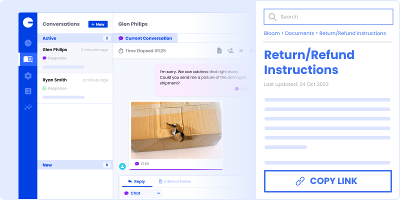 User interface of Plivo’s integrated knowledge bases showing a conversation and return/refund instructions