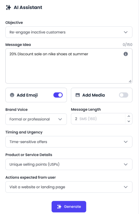 Alt text: Plivo CGenerate marketing messages on the go with Plivo CX.X’s Copywriter AI interface to create personalized with AI-driven suggestions.Image caption: Plivo CX's Copywriter AI helps craft tailored SMS messages