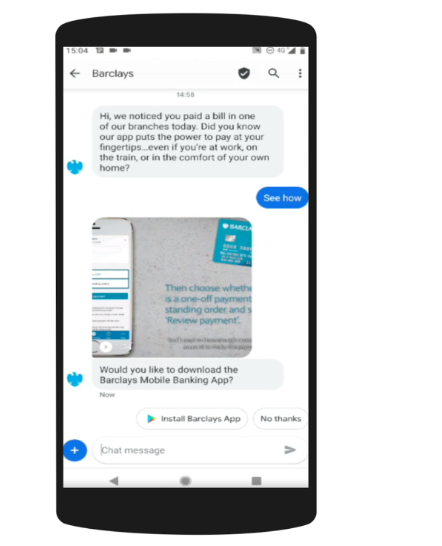 Screenshot of Barclays using RCS business messaging for app adoption