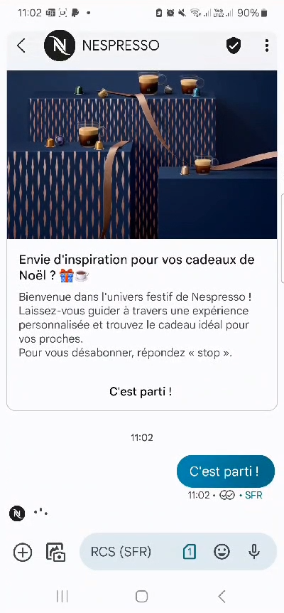 A mobile RCS message from Nespresso promoting personalized gift ideas for the holiday season