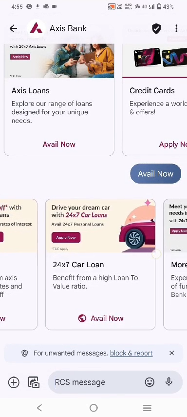 A mobile RCS message from Axis Bank showcasing various financial products with interactive buttons