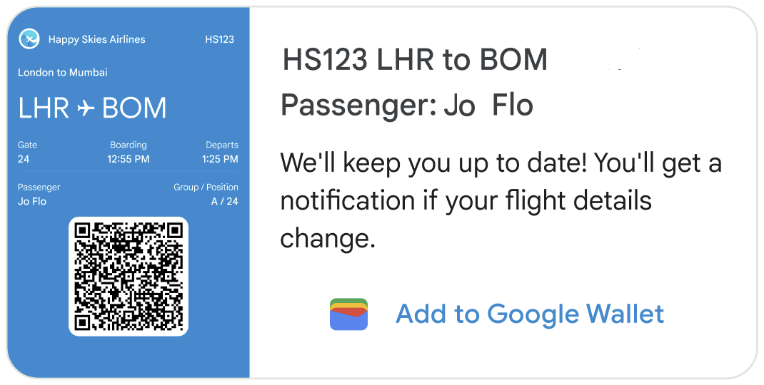 A digital boarding pass from Happy Skies Airlines with an option to add the pass to Google Wallet