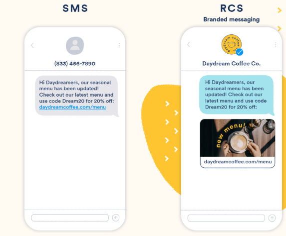 An image showing an example of normal SMS vs. RCS messaging