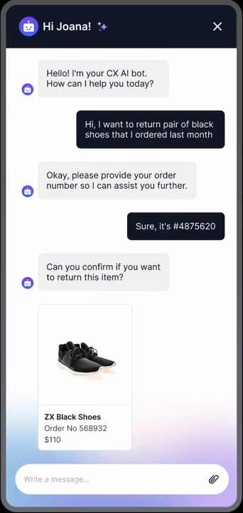 An image showing Plivo chatbot processing a return request