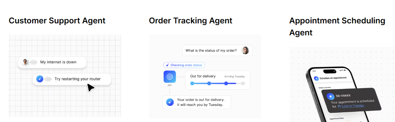 Three images showcasing different AI agents. Left: Customer support suggests restarting a router. Center: Order tracking shows delivery status. Right: Appointment scheduling on a smartphone displays confirmation of an appointment time