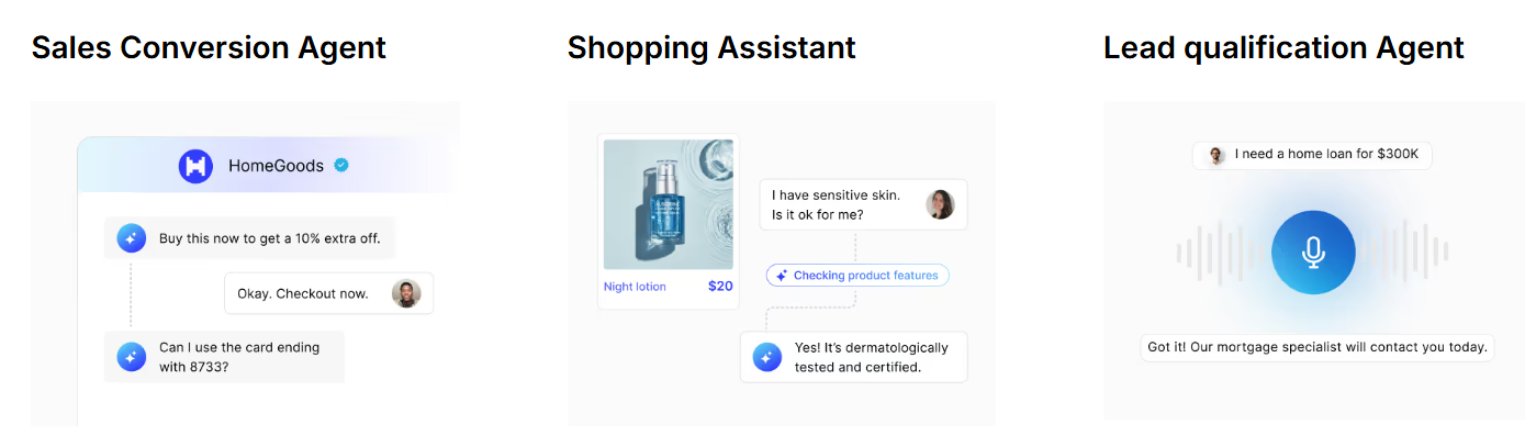 Three panels show AI agents: Sales Conversion with chat bubbles for purchases, Shopping Assistant with product queries, and Lead Qualification with loan inquiry