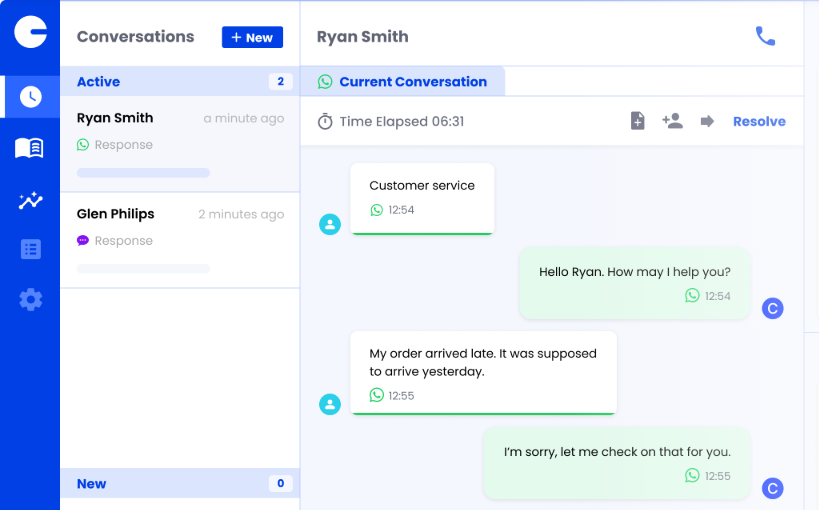 Chat interface displaying two active conversations. Ryan Smith reports a late order; a representative apologizes and offers to check.